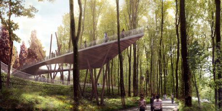 Rendering of a large platform overlook surrounded by woods with people walking on a sidewalk beneath it.