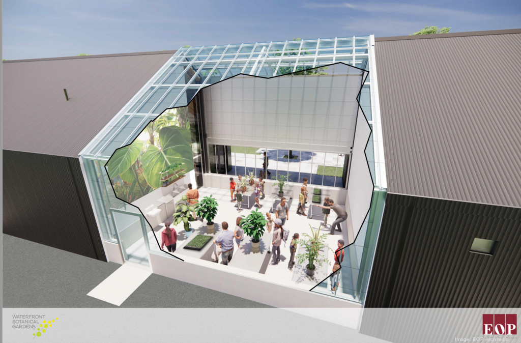 An aerial rendering shows the inside of a building with people and plants inside.