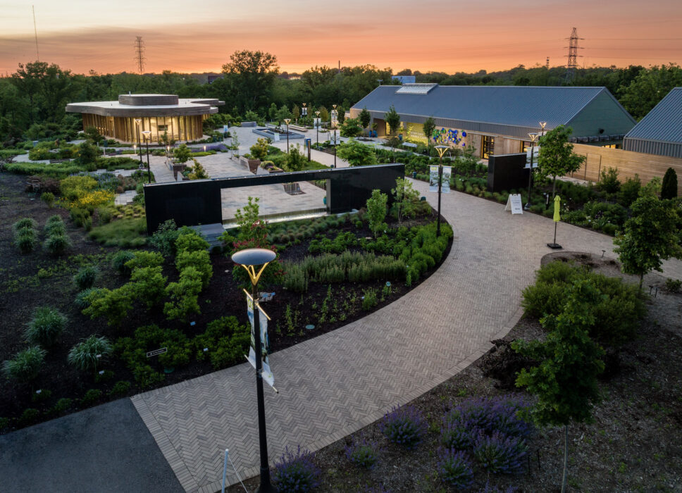 An aerial view of Waterfront Botanical Gardens with evening skies in the background.